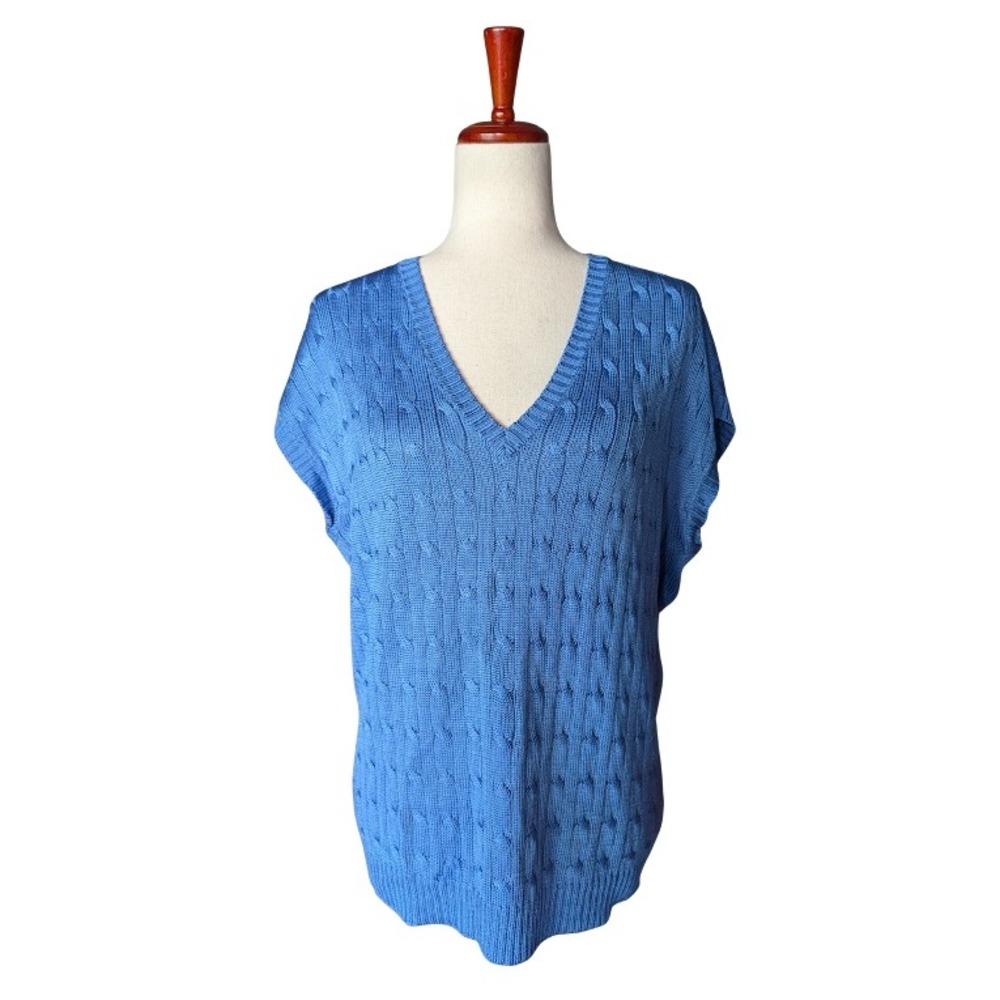 Ralph Lauren Black Label 100%‎ Silk Cable Knit V-Neck Sweater Vest Blue Large